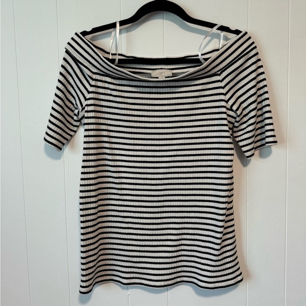 NWOT LOFT Black & Cream Ribbed Off Shoulder Blouse
